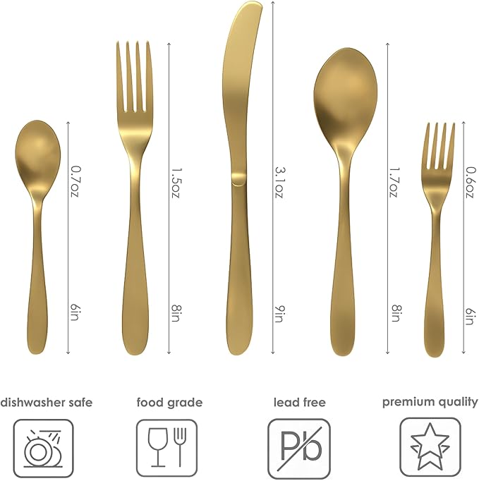 Windsor Silverware Set, 30 Piece Forged Flatware Cutlery Premium Stainless Steel, Service for 6, for Kitchen, Home, Wedding, Party, Mirror Polished Dishwasher Safe. (Matte Gold)
