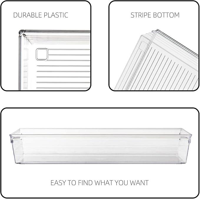 Backerysupply 4 Pack Storage Bins For Bathroom Cosmetic Makeup Vanity Clear Plastic Desk Drawer Organizers Tray Kitchen Utensils Silverware Dividers 15"x6"x2"