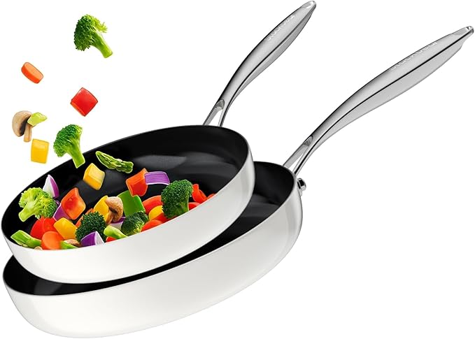 Nonstick Frying Pan Ceramic Cookware Set for Cooking (10.4+11.8 Inch), Tri-Ply Stainless Steel Pan, Non Toxic Skillet, PTFE & PFOA Free, Compatible with All Stovetops, Dishwasher & Oven Safe