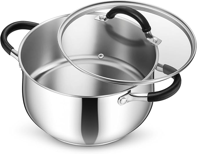 P&P CHEF Stainless Steel Stock Pot, 5 Qt Cooking Soup Pot with Visible Lid for Pasta, Tri-Ply Bottom & Dual Heatproof Handles, For Induction Gas All Stoves, Non-Toxic & Dishwasher Safe