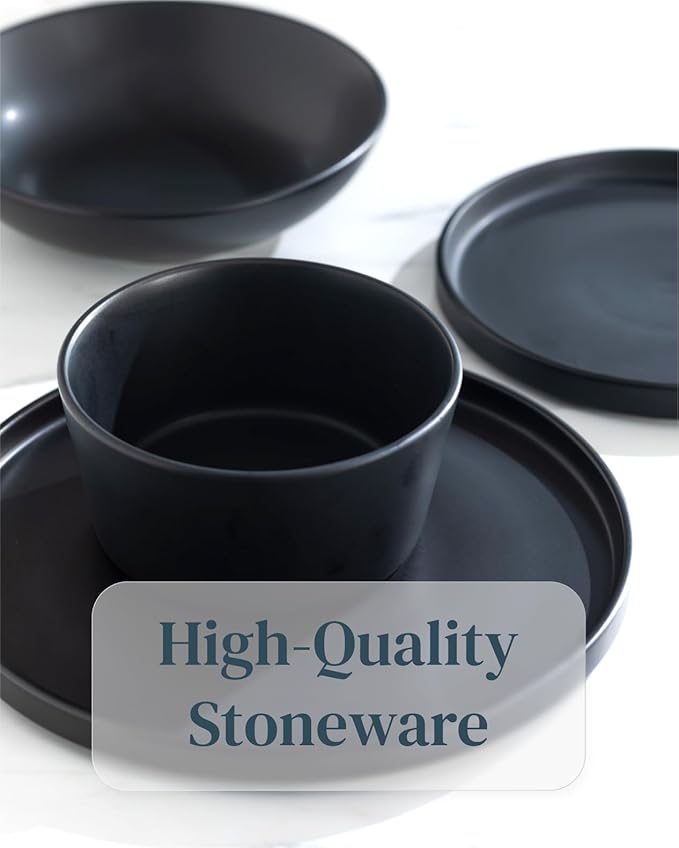 Stoneware dinnerware set 8 persons 32 pcs – Matte black style plates and bowls set – Dishwasher and microwave safe – Bowl and plate set – Dinner service Pure Living Interior Design