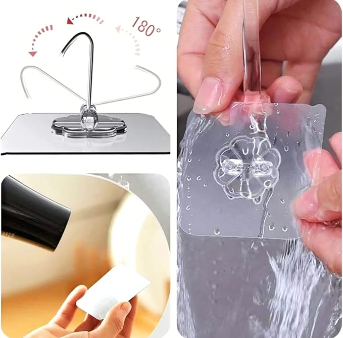 33lbs Adhesive Hooks for Hanging on Wall or Ceiling, Heavy Duty, Clear, Damage Free, Traceless, Stick on Hangers for Kitchen Bathroom, 10pcs