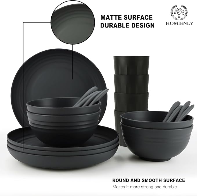 Homienly Wheat Straw Dinnerware Sets, 20pcs Unbreakable Microwave Dishwasher Safe Tableware Lightweight Bowls, Cups, Plates Set Reusable Dinner Plates Bowls set (Matte Black)