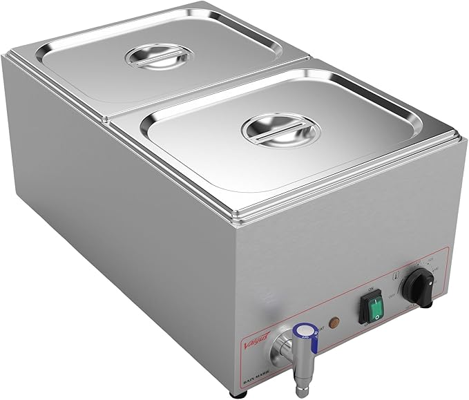 Valgus Commercial Grade Stainless Steel 2 Sections 19 Qt Bain Marie Buffet Food Warmer Steam Table with Lid and Tap for Home and Restaurants