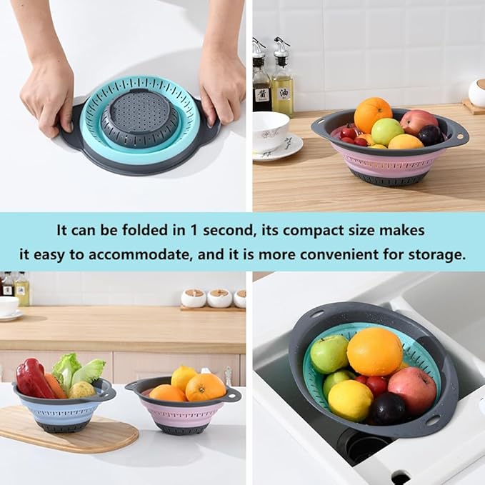 Collapsible Colander and Strainer,Silicone Strainer Colanders & Food Strainers,for Vegetable and Fruit, Kitchen Essentials (2, Blue, 2.5L+2.5L)