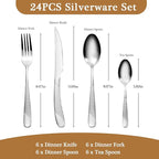 24 Piece Hammered Silverware Set for 6, Premium Food-grade Stainless Steel Flatware Set, Modern Design & Mirror Polished Cutlery Set, Eating Utensil Set Include Fork Knife Spoon Set, Dishwasher Safe