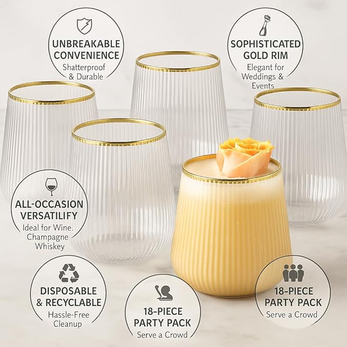 18 count origami ripple Unbreakable Stemless Plastic Wine Champagne Whiskey Glasses Elegant Durable Disposable Indoor Outdoor Ideal for Home, Office, Bars, Wedding, Ribbed 12 Ounce Cups (18, Gold Rim)