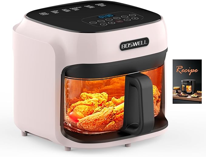 BOSWELL Glass Air Fryer, 7.7QT with Transparent Fry Bowl, Circulating Heating, Temperature Control, Stainless Steel Air Fryer Roast, Dishwasher Safe (white)
