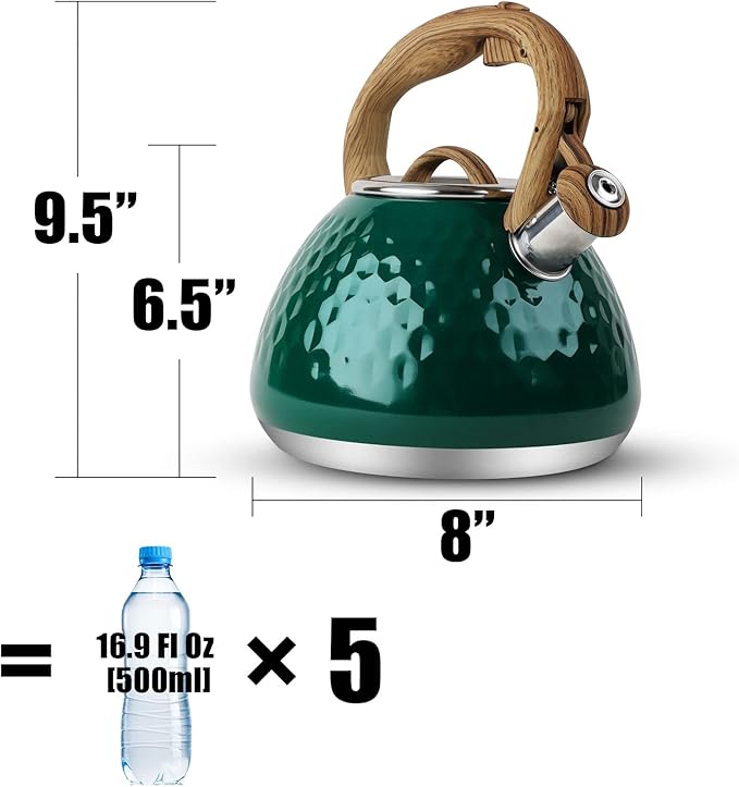 Tea Kettle, Toptier Teapot Whistling Kettle with Wood Pattern Handle Loud Whistle, Food Grade Stainless Steel Tea Pot for Stovetops Induction Diamond Design Water Kettle, 2.7-Quart Dark Green
