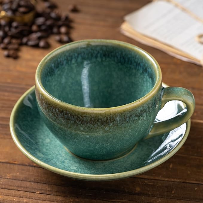 Porcelain Coffee Cup with Saucer Spoon, Vintage Design Ceramic Latte Art Cappuccino Barista Espresso Tea Cup with Saucer (11.6 oz, 350ml, Crystal Green)