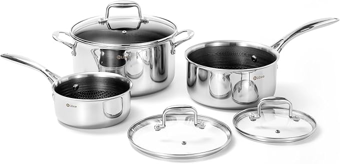 DELUXE Hybrid Nonstick 6 PCS Pot Set, 1.3, 3&5.4-Quart Pot with Tempered Glass Lid, Stainless Steel Cookware Pots with Stay-Cool Handle, Dishwasher Safe, Compatible with All Cooktops