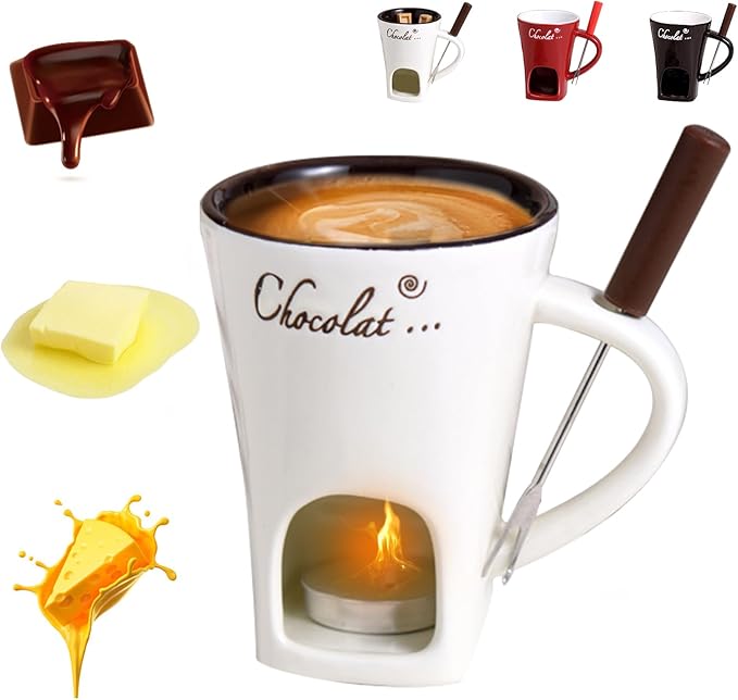 Chocolate Fondue Mug with Fork, Chocolate Fondue Cup, Personal Chocolate Melting Cup for Cheese, Ceramic Chocolate Melting Cup, Chocolate Melting Mug For Date Night Birthday Wedding Gifts (White)