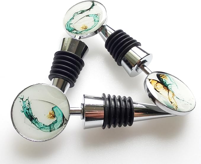 Wine Bottle Stoppers, Set of 3 Stainless Steel Wine Stoppers with Decorative Art Glass, Wine and Beverage Bottle Corks for Gifts, Bar, Wedding, Holiday Party (Green)