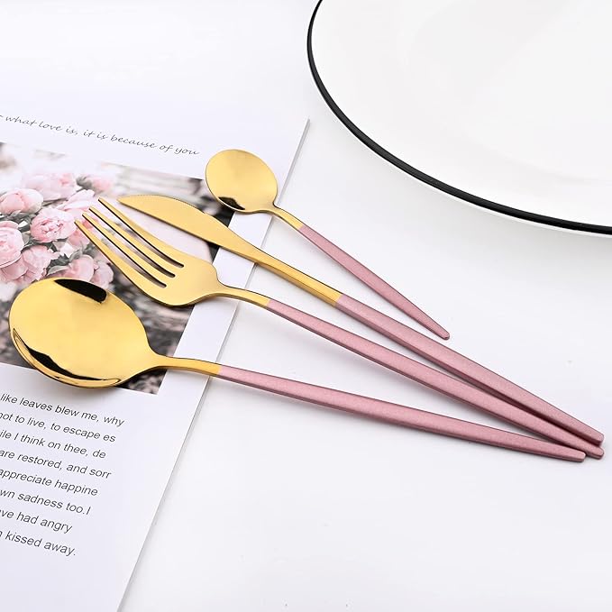 Pink Gold 24Pcs Flatware Set With Stand, Lightweight Dinnerware Set Stainless Steel Cutlery With Pink handles For Home Kitchen Wedding Party And Daily Use,Service For 6, Mirror Polish