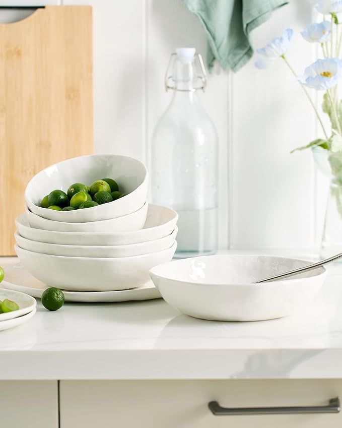 Famiware Porcelain kitchen plates and bowls set, Modern dishes set for 4, Handmade Wave Edge Dinnerware Sets, Microwave and Dishwasher Safe Tableware, Polar White (16pc)