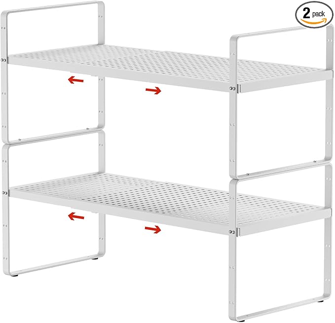 2Pack Expandable Cabinet Shelf Organizers, Stackable Metal Shelves Extender for Kitchen Countertop Storage, Adjustable Spices Shelves Rack Stand for Cupboard Pantry, White
