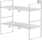 2Pack Expandable Cabinet Shelf Organizers, Stackable Metal Shelves Extender for Kitchen Countertop Storage, Adjustable Spices Shelves Rack Stand for Cupboard Pantry, White