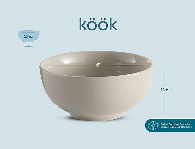 KooK Soup Bowls, Cereal Bowl, Ceramic, Bowls for Kitchen, Microwave, Dishwasher and Freezer Safe, Porcelain Dishes for Pasta, Salad, Oatmeal, Deep Interior, 20 oz, Set of 6, (Powder Grey)