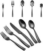 Silverware 65-Piece Black Hammered Flatware Set with Serving Utensils Stainless Steel Thick Handle Mirror Polished Cutlery Set for Wedding Hotel Restaurant, Service for 12