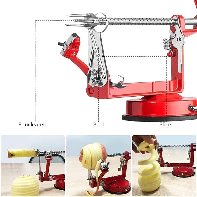 Apple Peeler, Slicer Corer Potato Peelers 3 In 1, Stainless Steel Heavy Duty Suction Cup Base And 7 Extra Blades (Red)