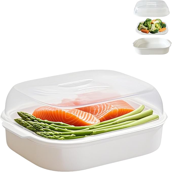 Microwave Steamer for Vegetables, Plastic Microwave Vegetable Steamer with Lid for Vegetables Prep Seafood Fish Cooking, White-Rectangle, 10.6Inch
