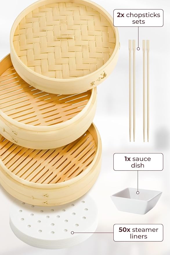 Prime Home Direct Bamboo Steamer Basket 10-Inch | 2-Tier Steamer for Cooking | 50 Liners, Chopsticks, Sauce Dish | Steaming Asian Food, Bao Buns, Chinese, Dim Sum, Dumpling, Rice, Vegetable Steam Pot