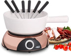 Artestia Electric Fondue Pot 2-QT 1500W, Dual-Use Swiss Fondue Set for Cheese & Chocolate Melting, Adjustable Temperature Control, White Ceramic Pot with Rose-Gold Base & 6 Forks