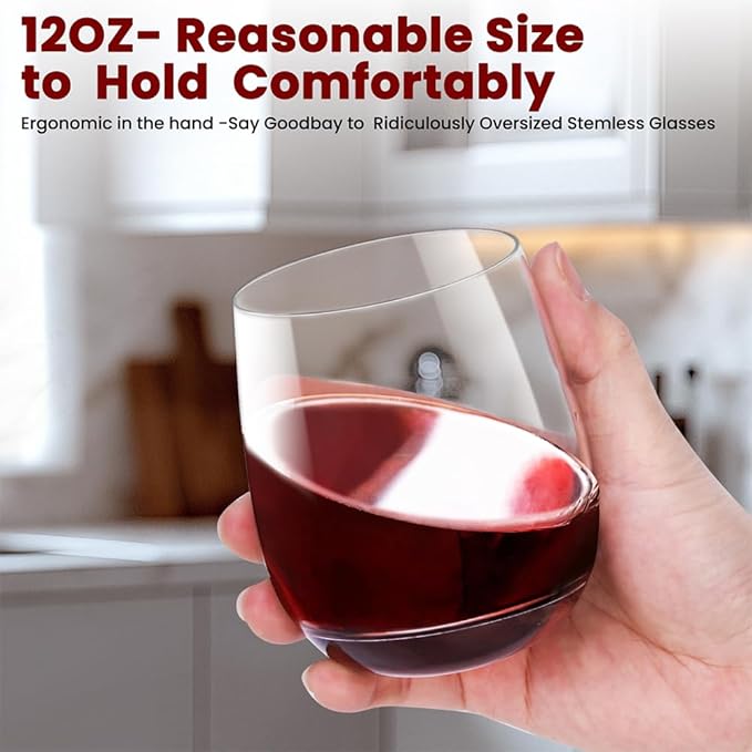 12 Ounce Stemless Wine Glasses/Whiskey Glasses/Beverage Glasses, Set of 4 Great For Drinking Wine, Whiskey or Juice, Versatile Glass Cups/Glassware Sets/Glass Tumblers
