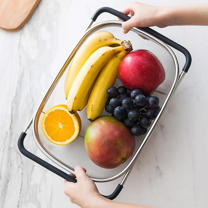3 PackPremium Quality Over The Sink Stainless Steel Oval Colander with Fine Mesh 6 Quart Strainer Basket & Expandable Rubber Grip Handles - Strain, Drain, Rinse Fruits, Vegetables