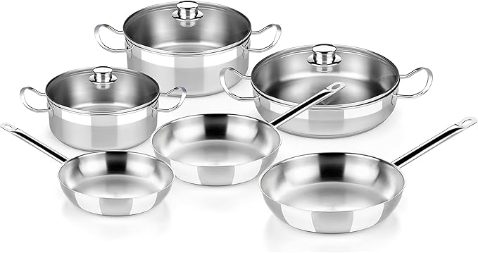 BRA COOKWARE Profesional 9-Piece Stainless Steel Cookware Set | Professional Pots & Pans Set | Kitchen Set w/ 2 Pots, 1 Sauté Pan, 3 Frying Pans, 3 Lids | All Heat Sources Compatible | PFOA Free