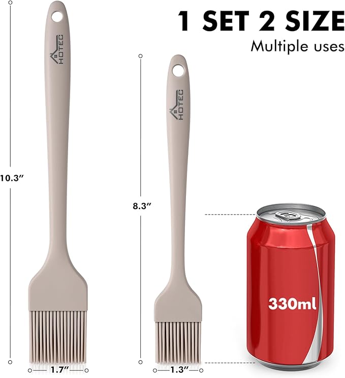 HOTEC Basting Brushes Silicone Heat Resistant Pastry Brushes Spread Oil Butter Sauce Marinades for BBQ Grill Barbecue Baking Kitchen Cooking BPA Free Dishwasher Safe, Khaki Set of 2
