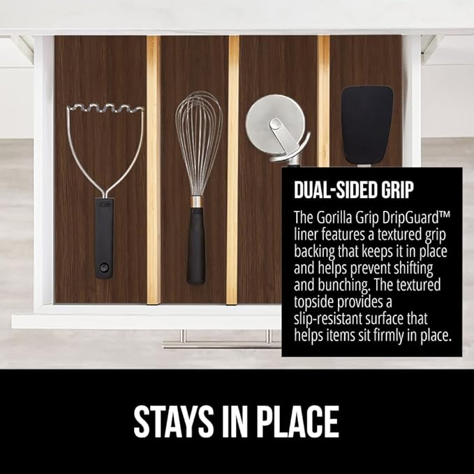 GORILLA GRIP DripGuard Drawer and Shelf Liner for Cabinet, Slip Resistant Non Adhesive Protection for Kitchen, BPA Free Smooth Surface Plastic Liners for Cabinets, Bathroom Drawers, 17.5x240 Inch Wood