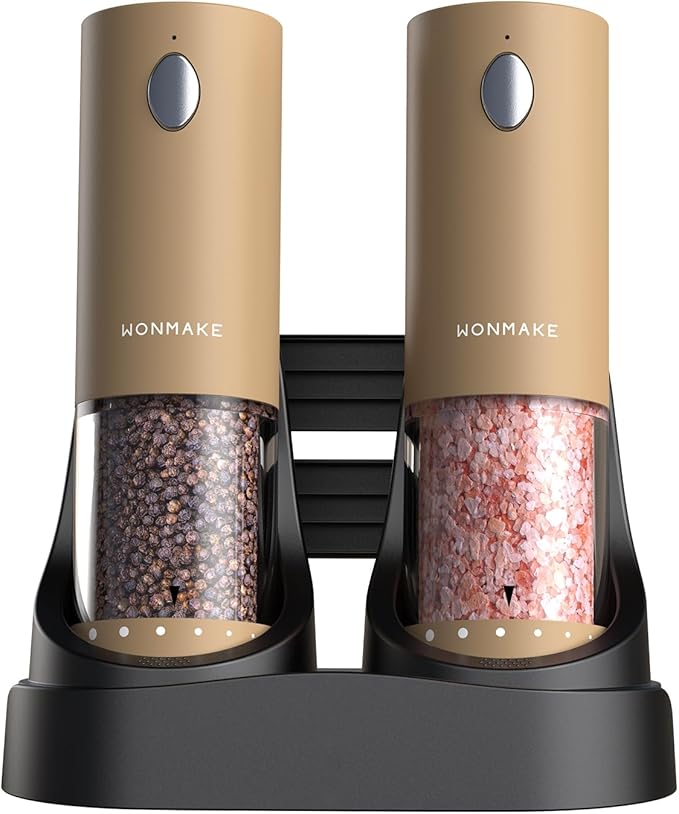 Electric Salt and Pepper Grinder Set - Automatic Refillable Salt and Pepper Grinders with Charging Base & LED Light, 6-Level Adjustable Coarseness with External Dial, Ideal Kitchen Gadget，Brown