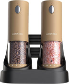 Electric Salt and Pepper Grinder Set - Automatic Refillable Salt and Pepper Grinders with Charging Base & LED Light, 6-Level Adjustable Coarseness with External Dial, Ideal Kitchen Gadget，Brown