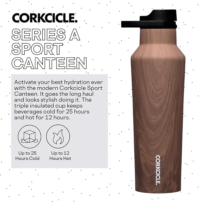 Corkcicle Sport Canteen - Keeps Drinks Cold 25 Hours - Stainless Steel Water Bottle - Triple-Insulated - Spill-Proof - Summer Drinkware Gift - Keeps Drinks Ice Cold - 20 oz - Walnut Wood