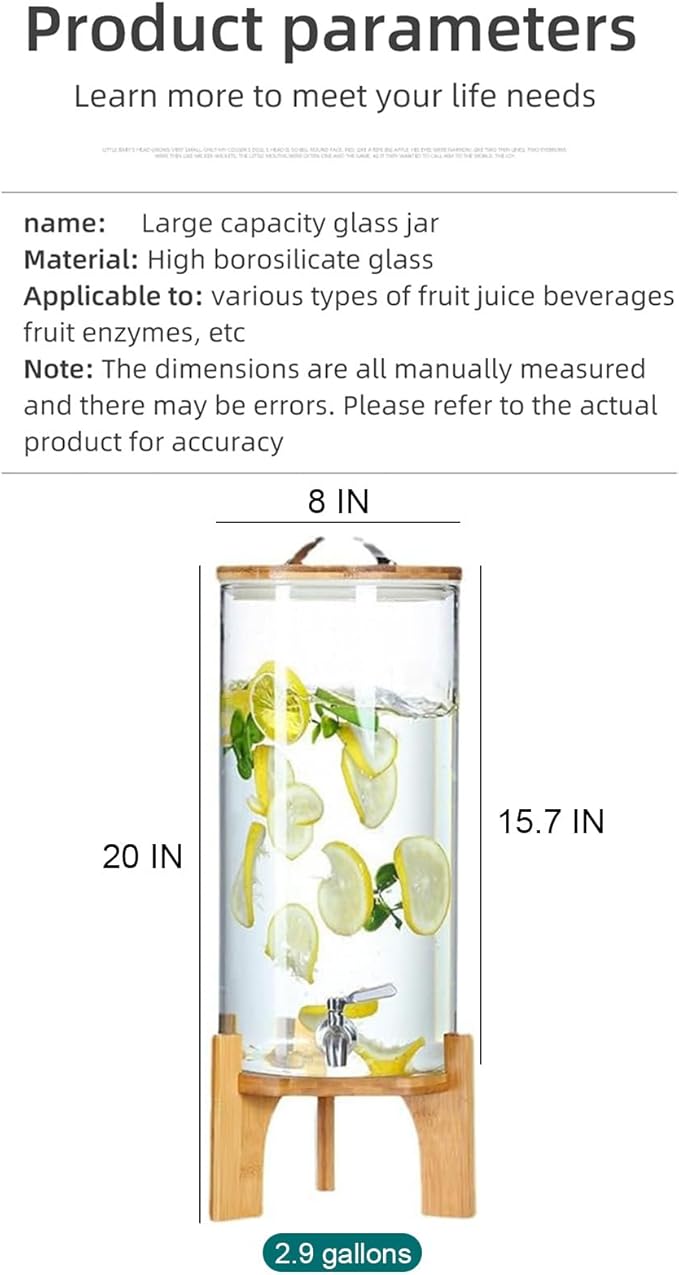 Glass Drink Dispenser, 2.9 gallons, With faucet wood stand Easy flow control, great for parties, bars & restaurants Large Glass Cold Beverage Dispensers.(2.9 gallon)
