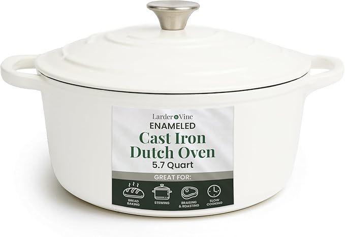 Larder & Vine Enameled Cast Iron 5.7qt Dutch Oven Pot with Lid | Bread Baking | Compatible on All Cooktops & Oven Safe to 500° F | Great for Sourdough Bread | White