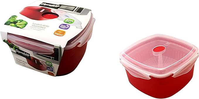 Microwave Vegetable Steamer Cooker for Healthy Cooking and Quick Meals, Cook Vegetables, Fish & Poultry, BPA-Free with Removable Strainer and Locking Vent Lid, 2.47L by Dependable Industries (Red)