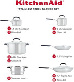 KitchenAid Stainless Steel Cookware/Pots and Pans Set, 10 Piece, Brushed Stainless Steel