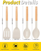 Pack of 4 Silicone Cooking Utensils Set, Non Stick Solid Spatulas and Heat Resistant Slotted Spoons with Wooden Handle, Ideal Wood Kitchen Utensils Set for Frying,Serving,Turning,Stirring (KHAKI)