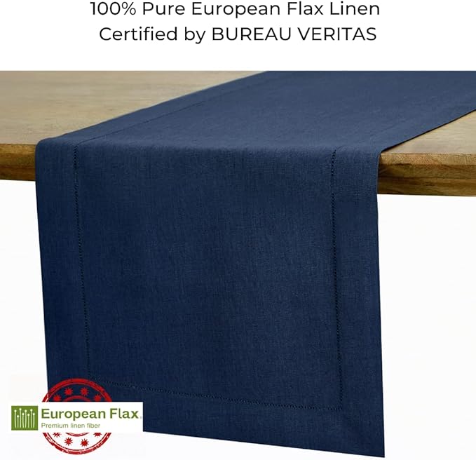 D'Moksha Homes Linen Navy Blue Table Runner 96 Inches Long - 100% Pure Linen Table Runner 14 x 96 Inch for Summer, Fall and Halloween - Classic Hemstitch