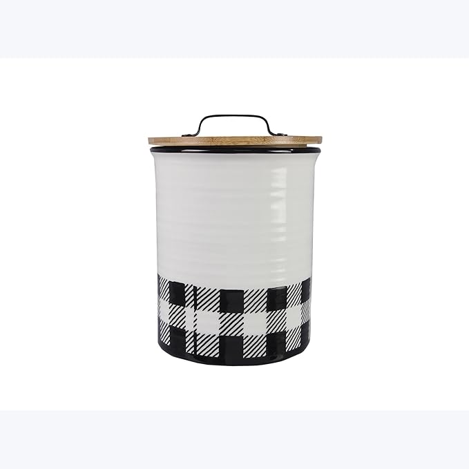 Young's Ceramic Treat Jar with Airtight Lid, Black and White Buffalo Plaid Bear Dog Treat Container, Decorative Cat Food Storage Canister