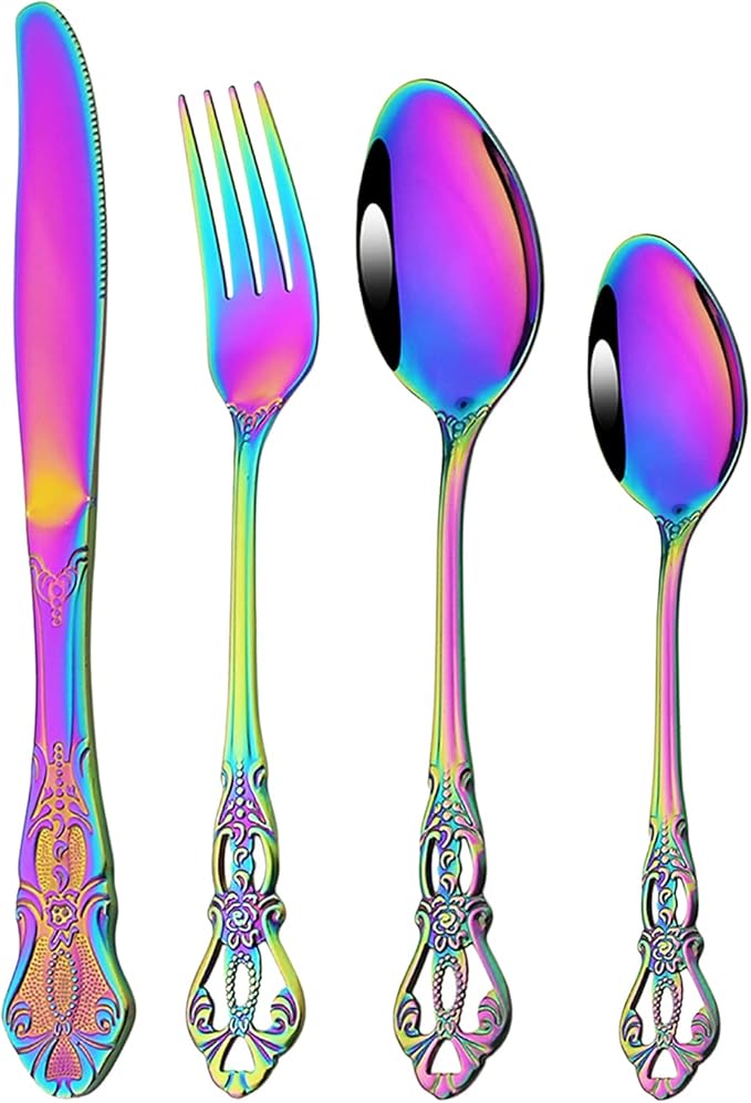 Royal 24-piece Rainbow Silverware Dinnerware, 18/10 Stainless Steel Luxury Flatware Service For 6 Include Knives/Forks/Spoons/Teaspoons, Mirror Polished Dishwasher Safe