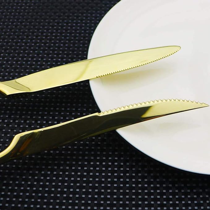 Golden Flatware Set 18/10 Stainless Steel Mirror Polished Gold Cutlery - Silverware Utensil Set of Steak Knife Dinner Fork Knife Spoon Salad Fork Dessert Spoon,24 Piece Service for 4