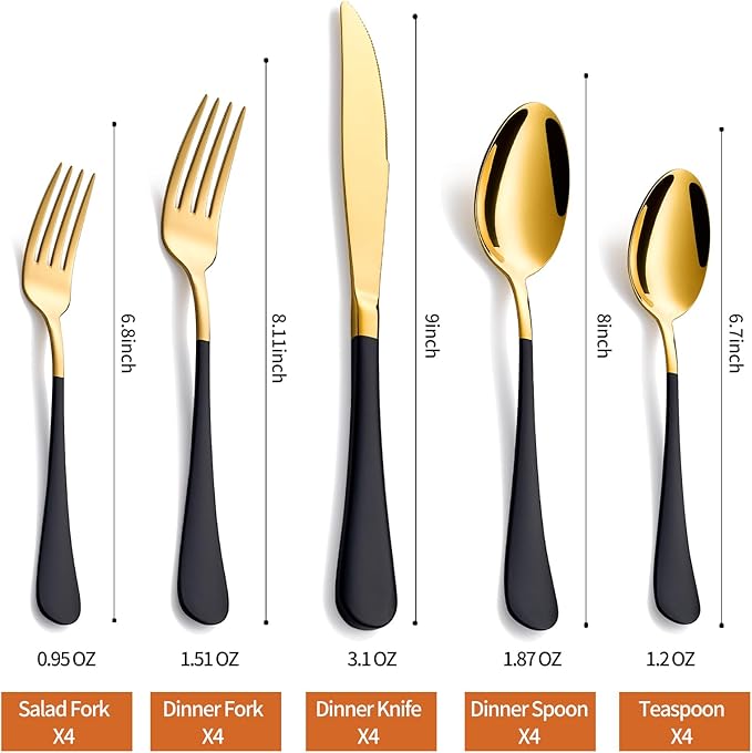 20 Piece Gold and Black 18/0 Flatware Utensil Set for 4, Include Dinner Knife,Dinner Forks,Dinner Spoons,Salad Forks,Teaspoons,Silverware Set for 4, Dishwasher Safe