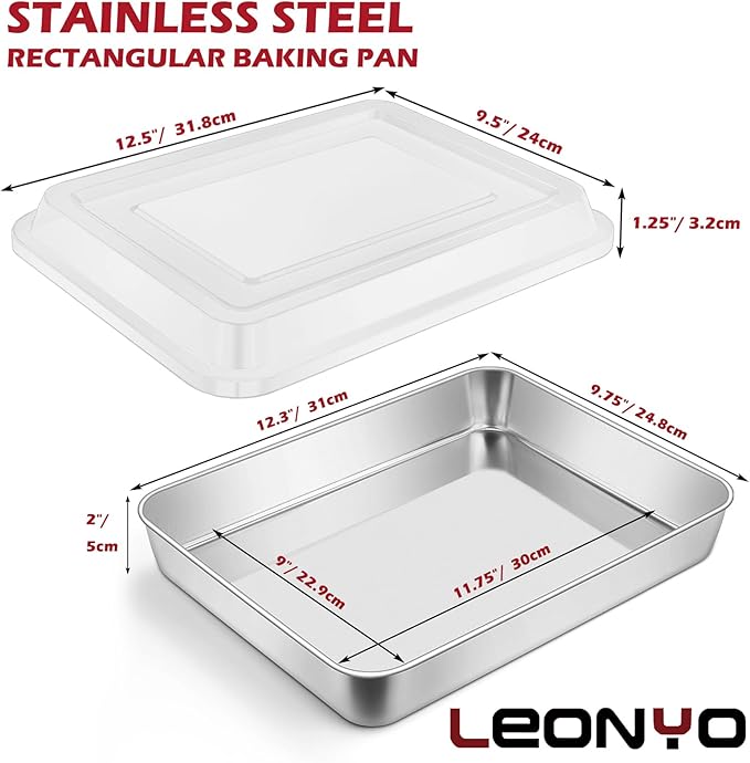 Leonyo Baking Pan with Lid Set of 2, 12⅓ x 9¾ x 2 Inch Rectangular Cake Pan, Refrige & Oven Safe Stainless Steel Deep Lasagna Pan Tray for Focaccia, Bread, Brownies, Casseroles
