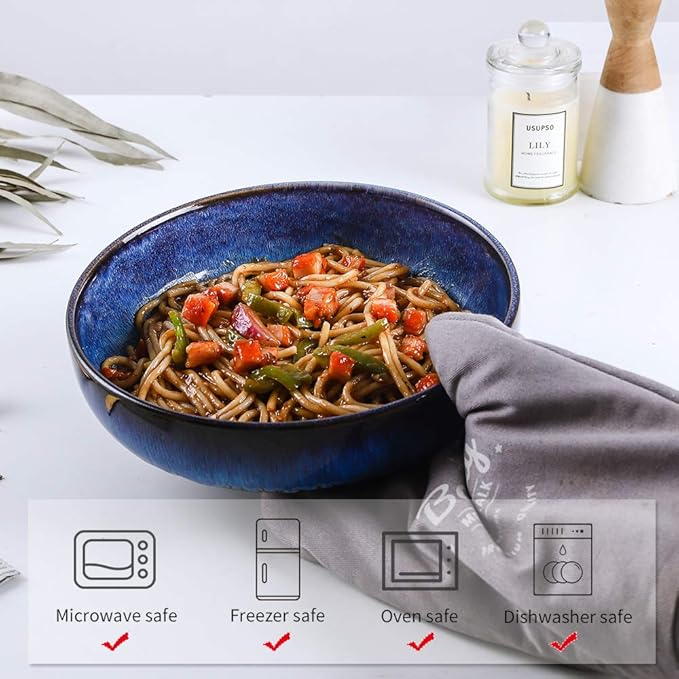 KOOV Ceramic Bowl, 46 OZ Pasta Bowls Set of 4, Large Salad Bowl Set, Dinner Bowls, Stackable Serving Bowls, Reactive Glaze Series (Nebule Blue)