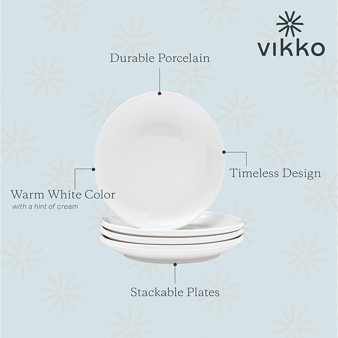 Vikko Dessert Plate, Set of 4 White Plates, Fine Porcelain, Stackable 6 Inch Dessert Plates, Dishwasher Safe, 6/'' Dessert Plate