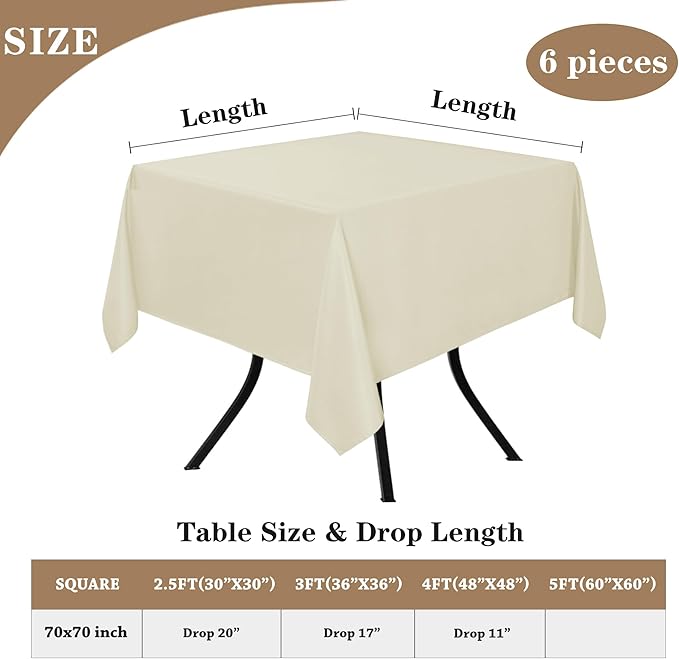Fitable 6 Pack Square Tablecloths - 70 x 70 Inches - Stain Resistant and Reusable Table Clothes, Ivory Polyester Fabric Table Covers for Dining, Card Tables, Coffee Tables