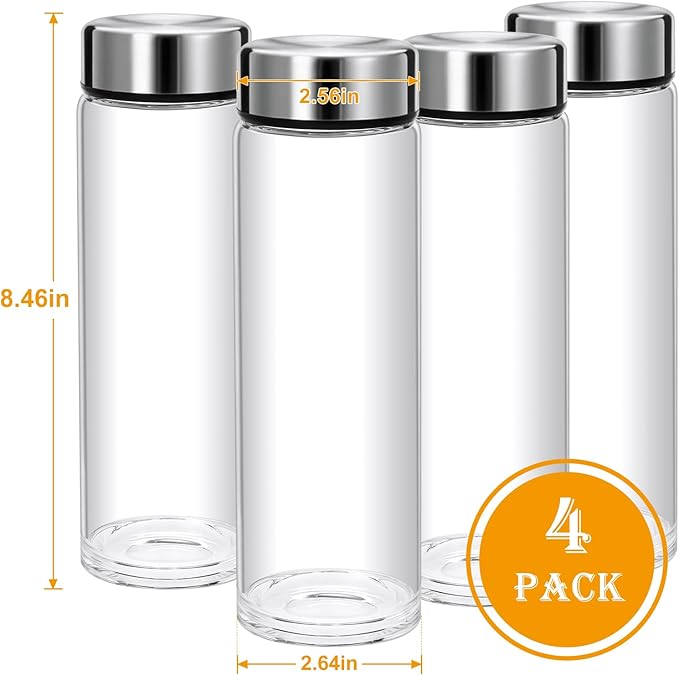 16oz Juice Bottles with Lids,4 Pack Wide Mouth Glass Bottles with Stainless Steel Cap,Reusable Glass Water Bottles for Juicing, Smoothies, Infused Water,Beverage Storage,BPA Free,Leakproof
